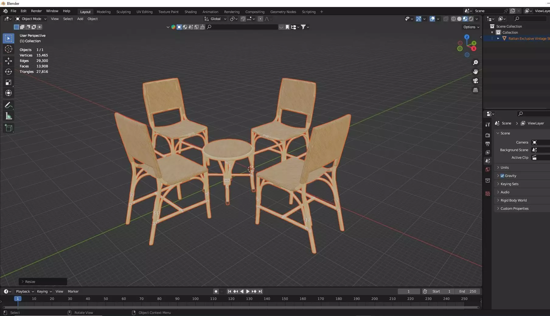 Rattan Exclusive Vintage Style 15 Chair Table Set 3D Model Low-poly 3D model_6