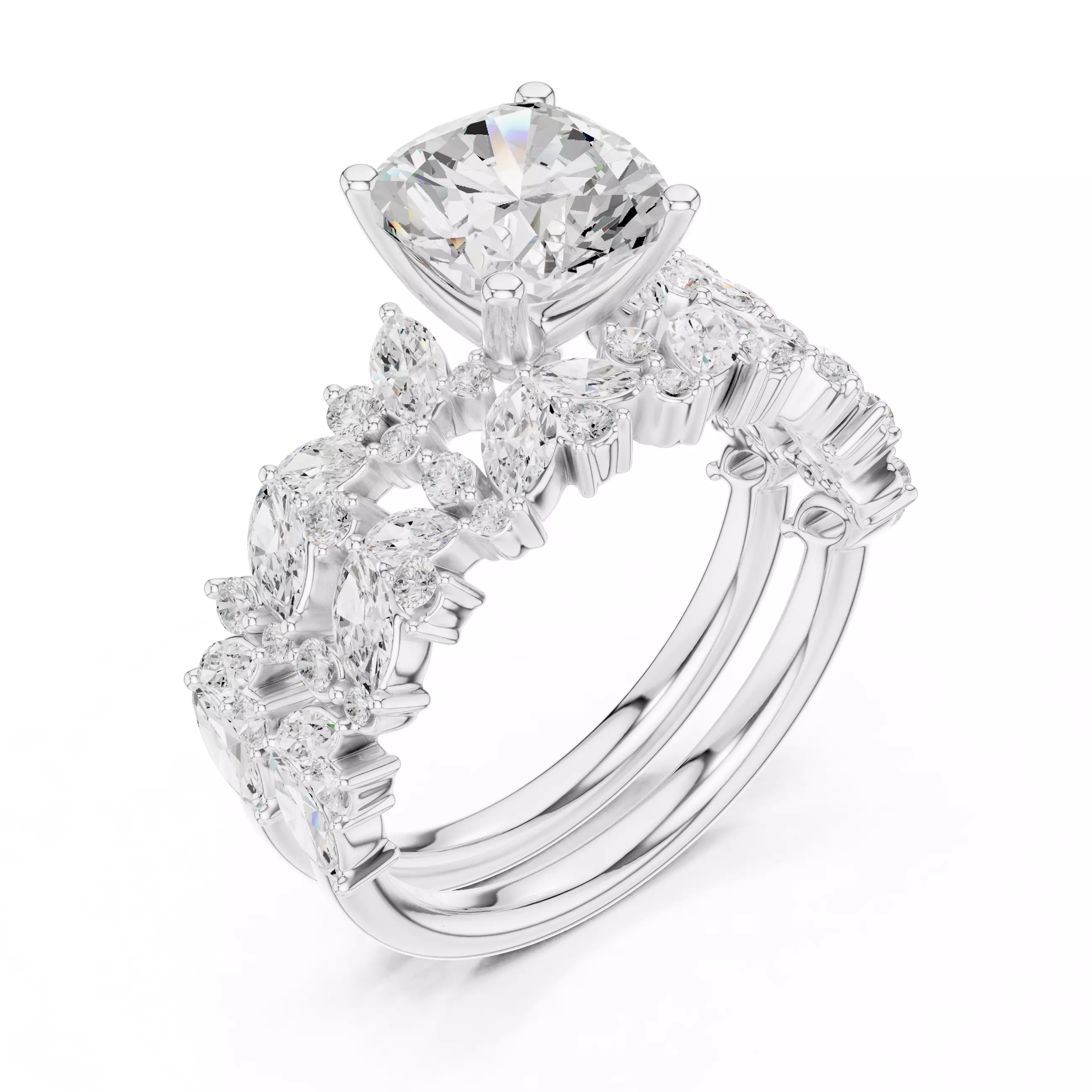 2Ct Cushion Cut Ring Set with Marquise Round Band 3DM STL Video 3D print model_10