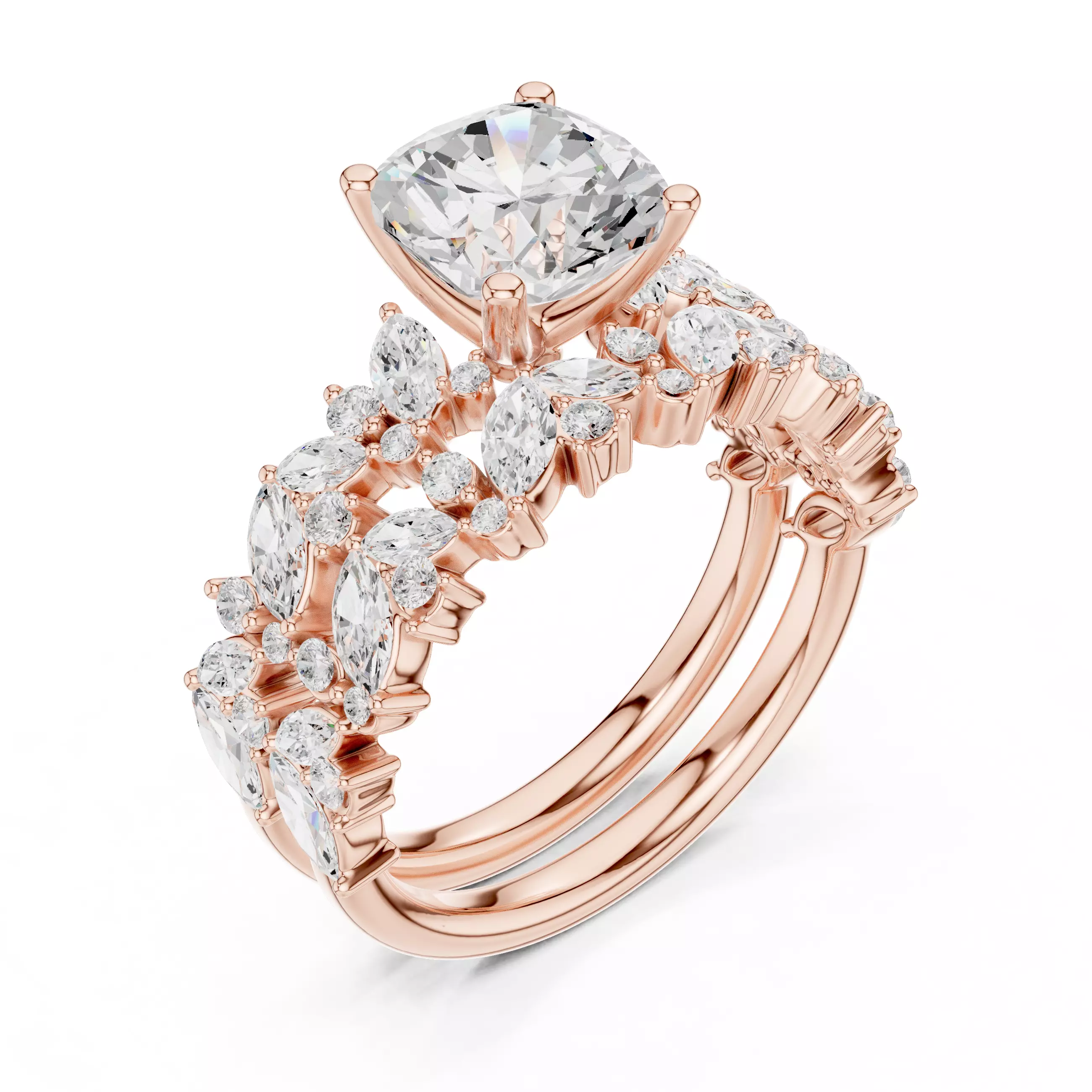 2Ct Cushion Cut Ring Set with Marquise Round Band 3DM STL Video 3D print model_4