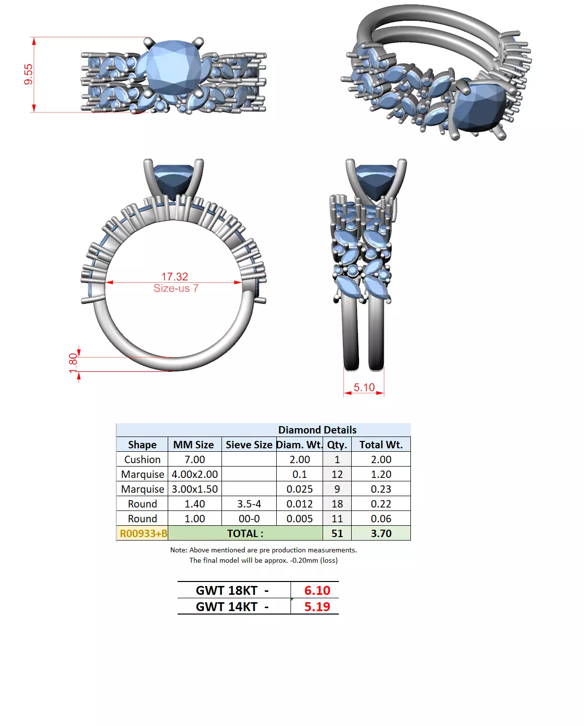 2Ct Cushion Cut Ring Set with Marquise Round Band 3DM STL Video 3D print model_15