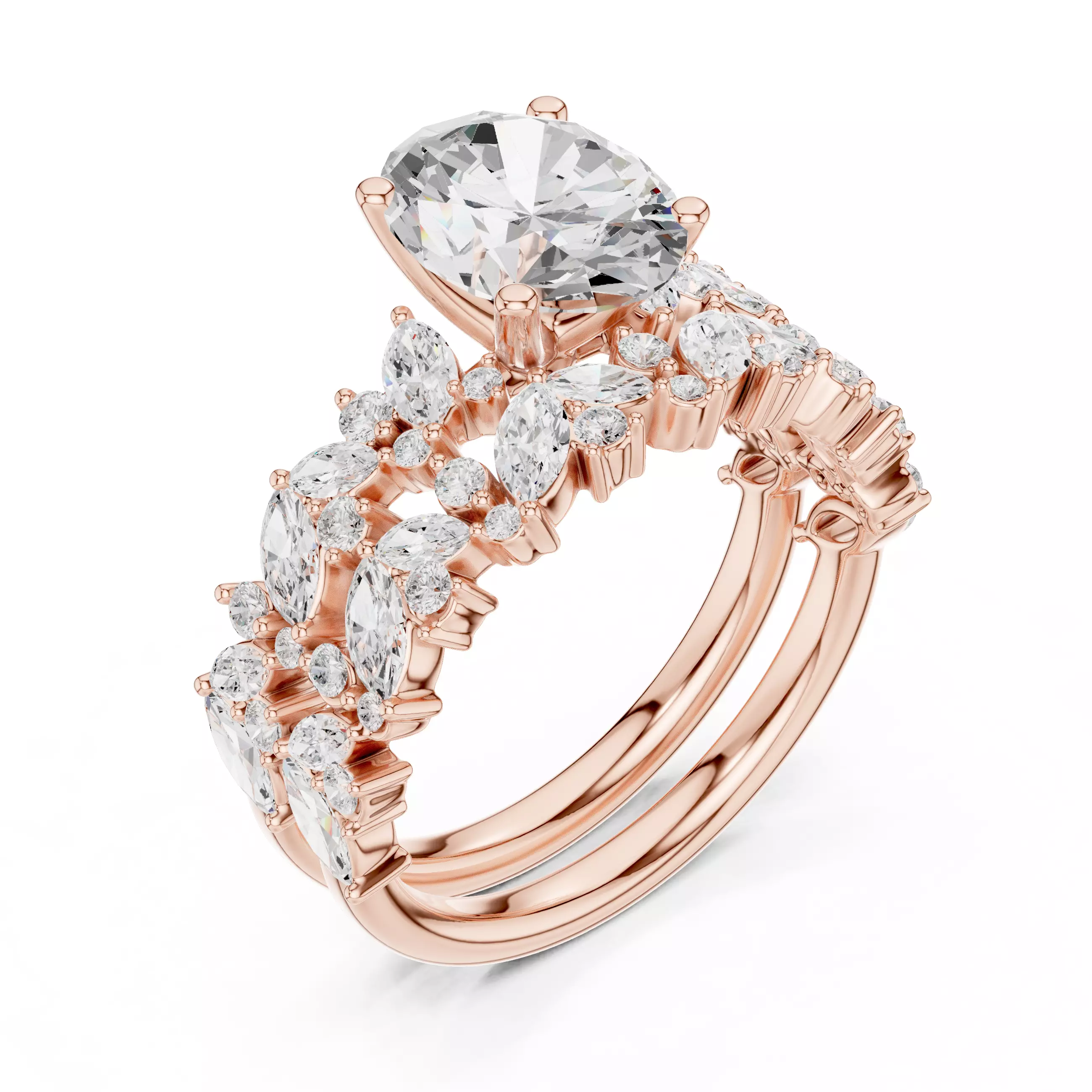 2CT Oval Cut Diamond Bridal Wedding Ring Set 3DM STL Video 3D print model_4