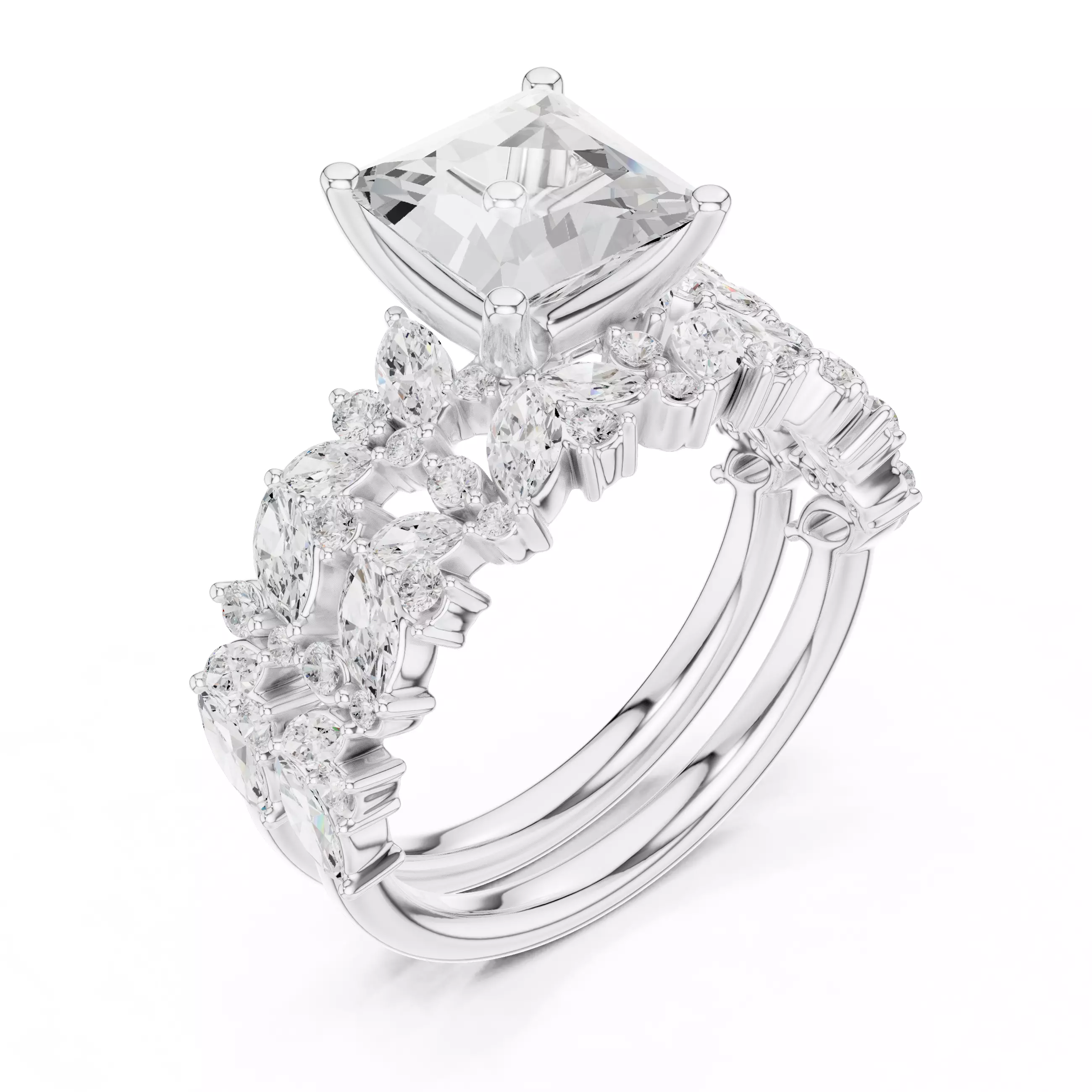 2CT Princess Cut Diamond Wedding Ring Set 3DM STL Video 3D print model_10