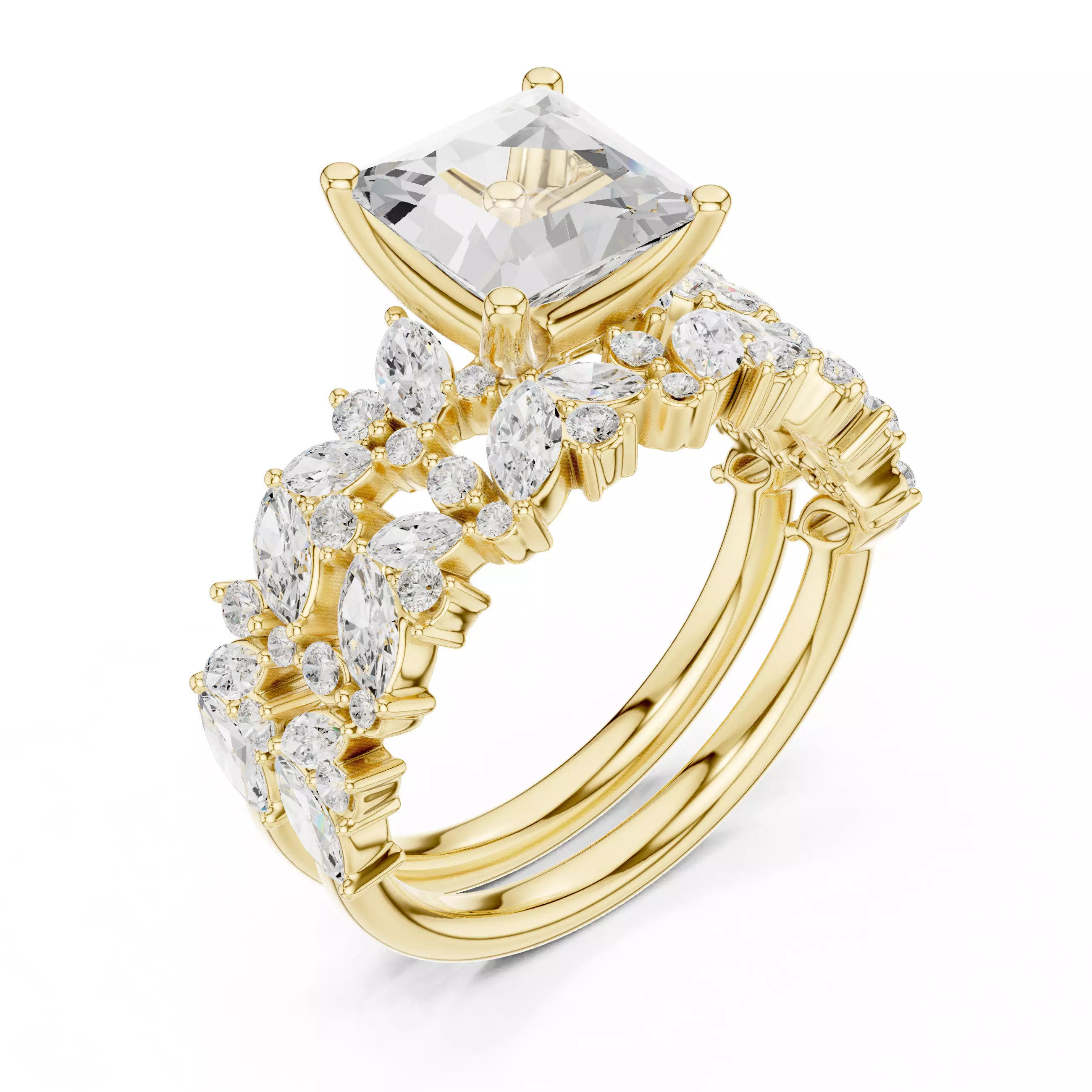 2CT Princess Cut Diamond Wedding Ring Set 3DM STL Video 3D print model_7