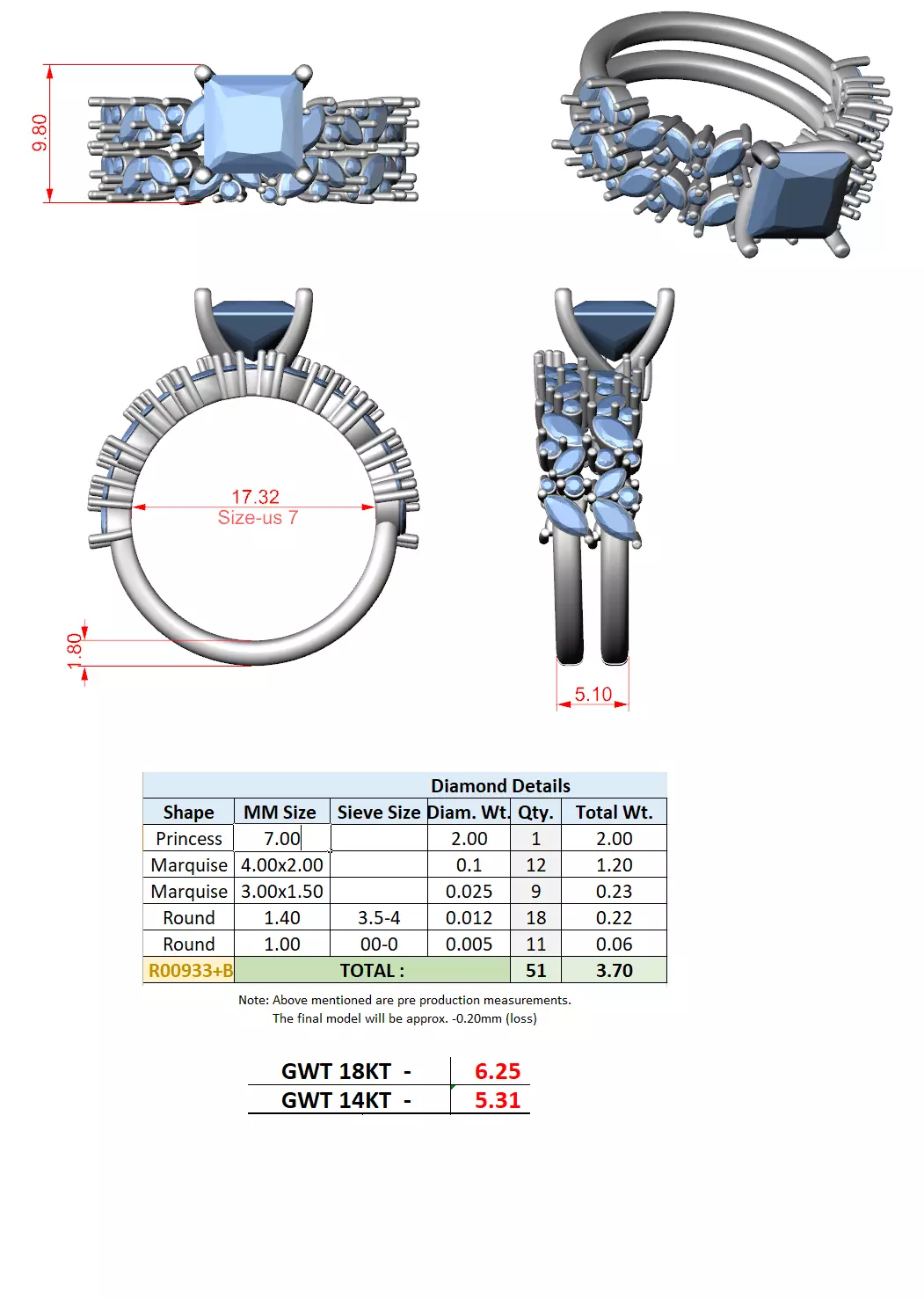 2CT Princess Cut Diamond Wedding Ring Set 3DM STL Video 3D print model_15
