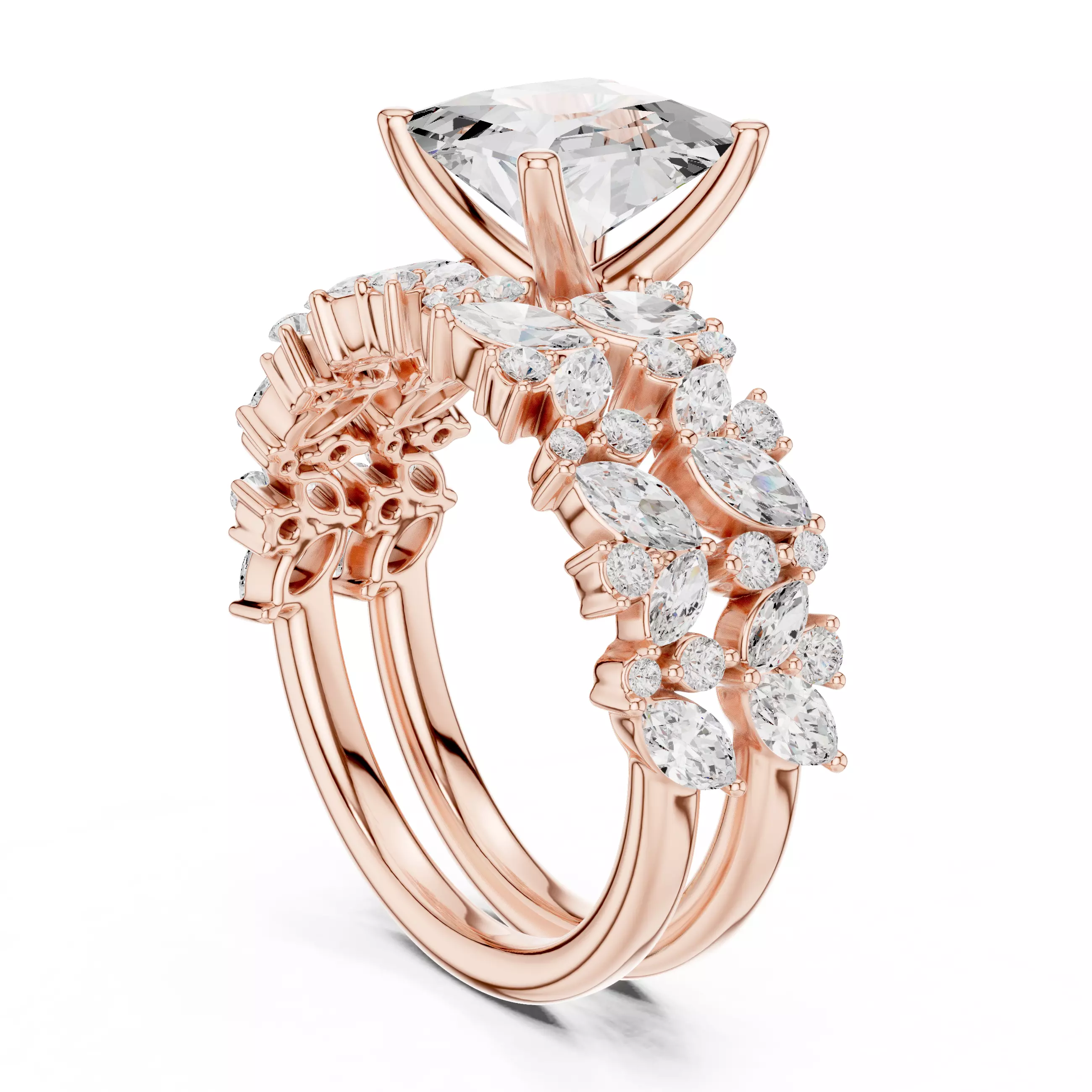 2CT Princess Cut Diamond Wedding Ring Set 3DM STL Video 3D print model_3