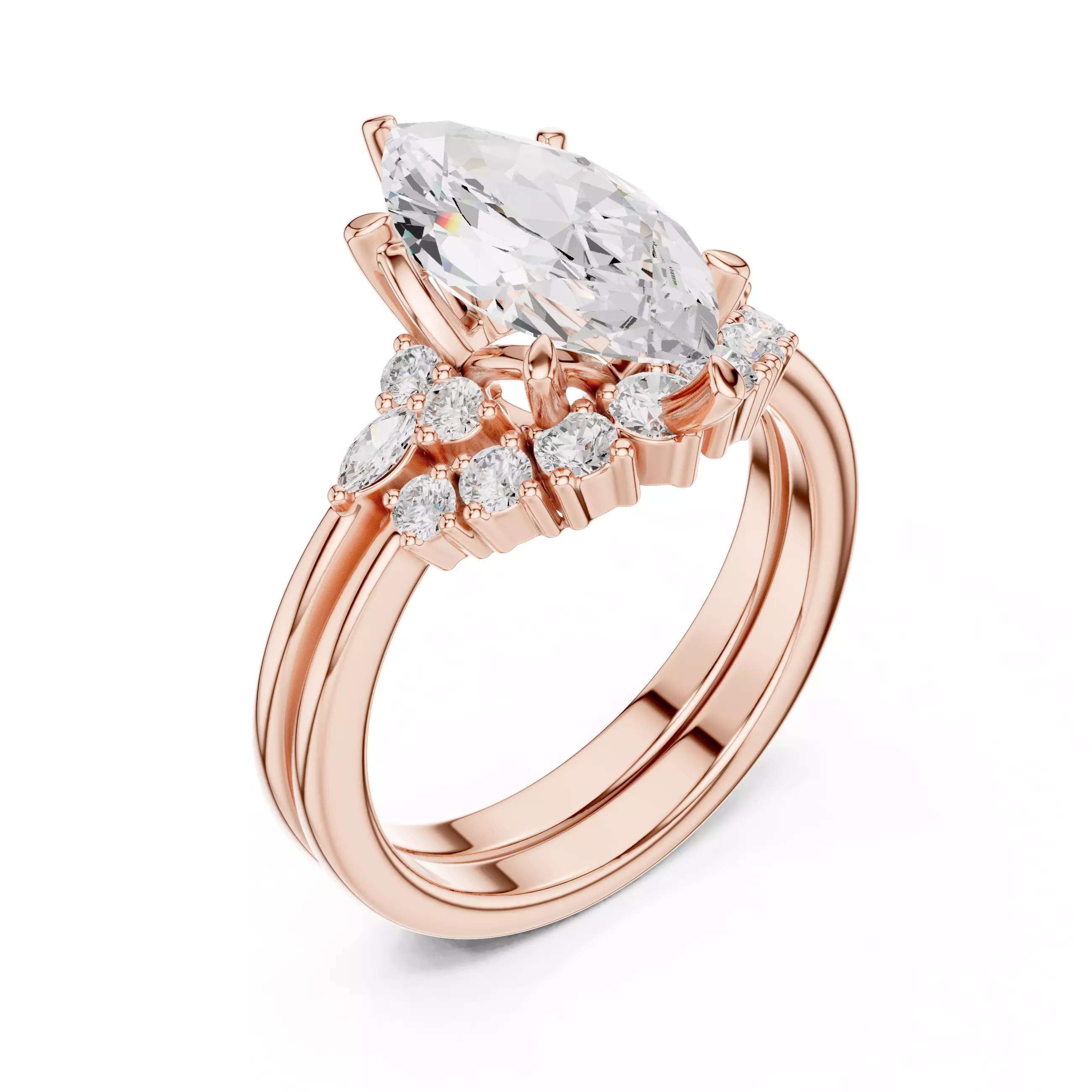 14x7mm Marquise Cut Curve Band Wedding Ring Set 3DM STL Video 3D print model_4