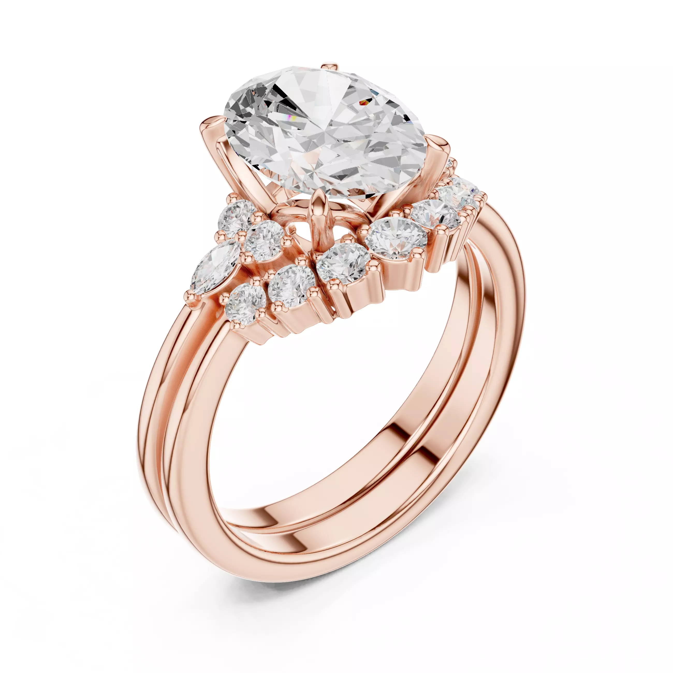 10x8mm Oval Cut Cluster Curve Band Woman Ring Set 3DM STL Video 3D print model_4