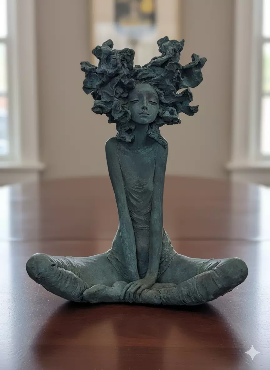 Enchanted Muse Bronze Sculpture Ethereal Hair Low-poly 3D model_0