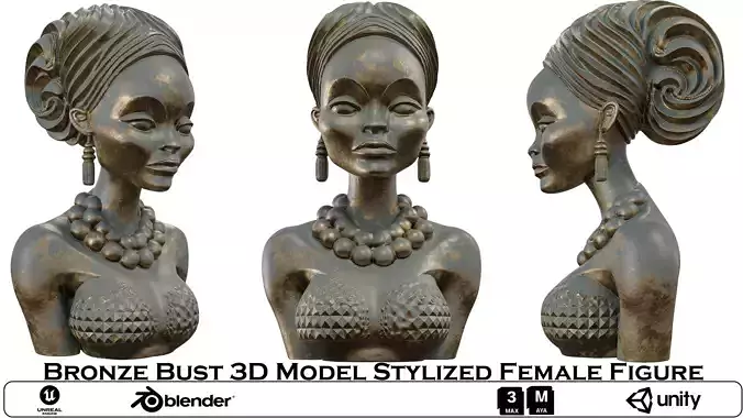 Bronze Bust 3D Model Stylized Female Figure
