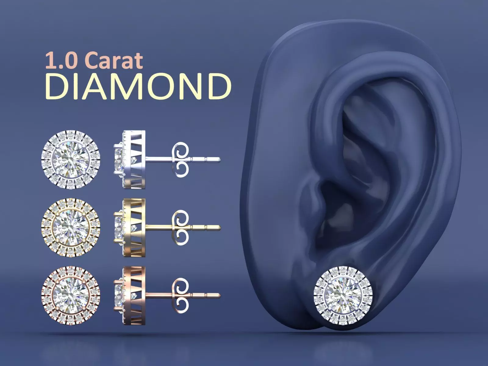 Classic 1-Carat Diamond Studs Earrings with Diamond Pave Setting 3D print model