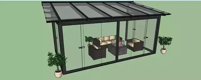Glass-Enclosed Outdoor Seating Area with Fire Pit - 3D Model