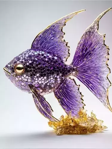 Luxury Purple Gemstone Fish Sculpture Gold Accents Crystal Base Low-poly 3D model