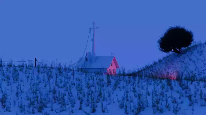 church in a small hilly mountains with big cross sign