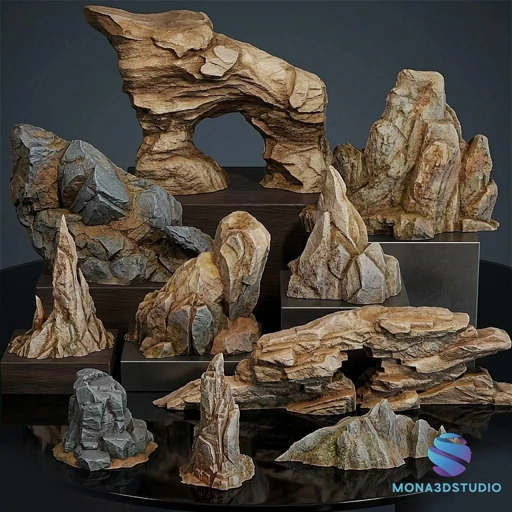Realistic Rock Set for Miniatures 10 STL Models 3D print model