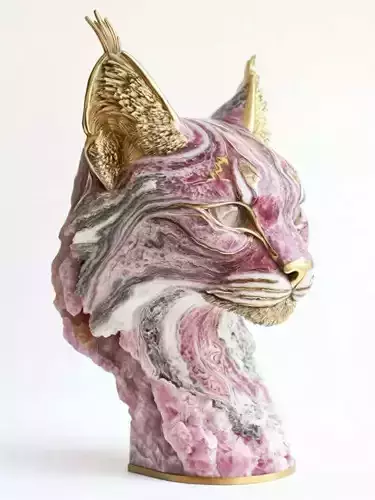 Luxury Pink Marble Cat Head Sculpture Gold Decor Piece