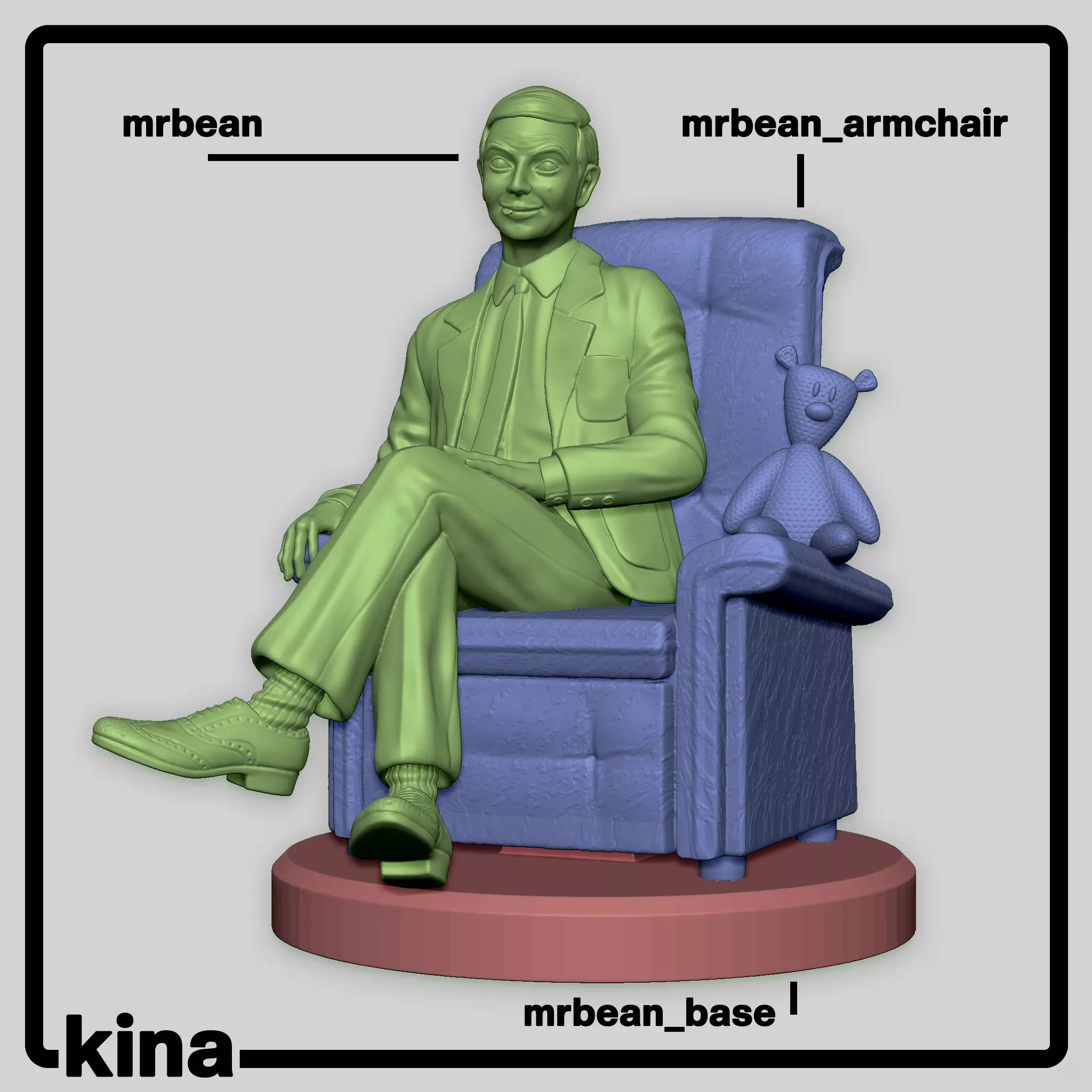 Mr Bean with Teddy in his armchair 12cm 3D print model_2
