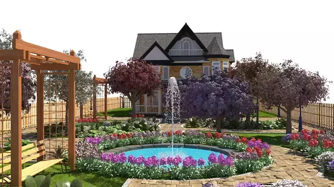 Grand Victorian House and Garden Landscape 3D Model Low-poly 3D model