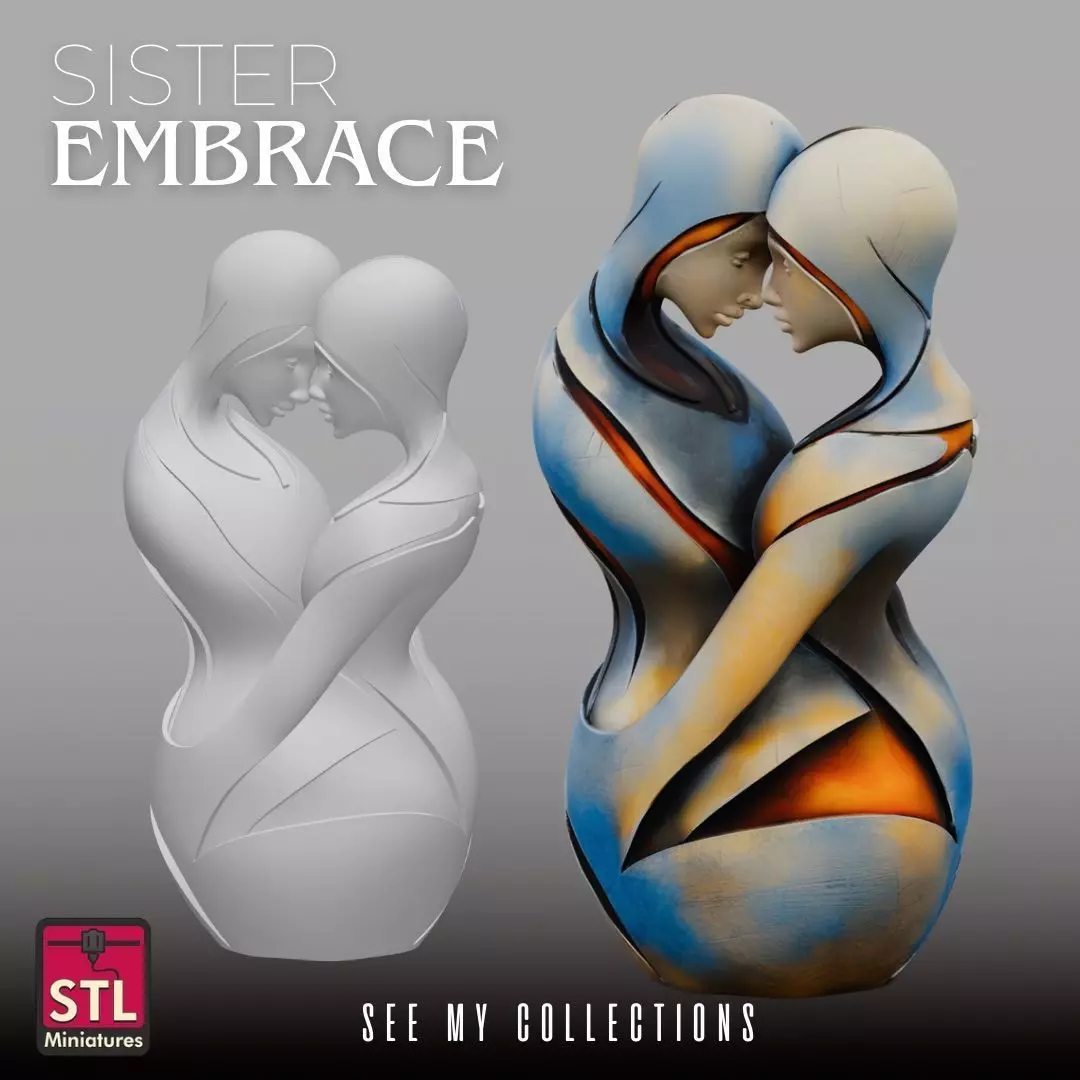 Sisters Embrace STL Modern Stylized Sculpture 3D print model_1