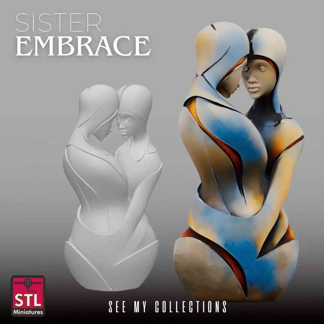 Sisters Embrace STL Modern Stylized Sculpture 3D print model_2