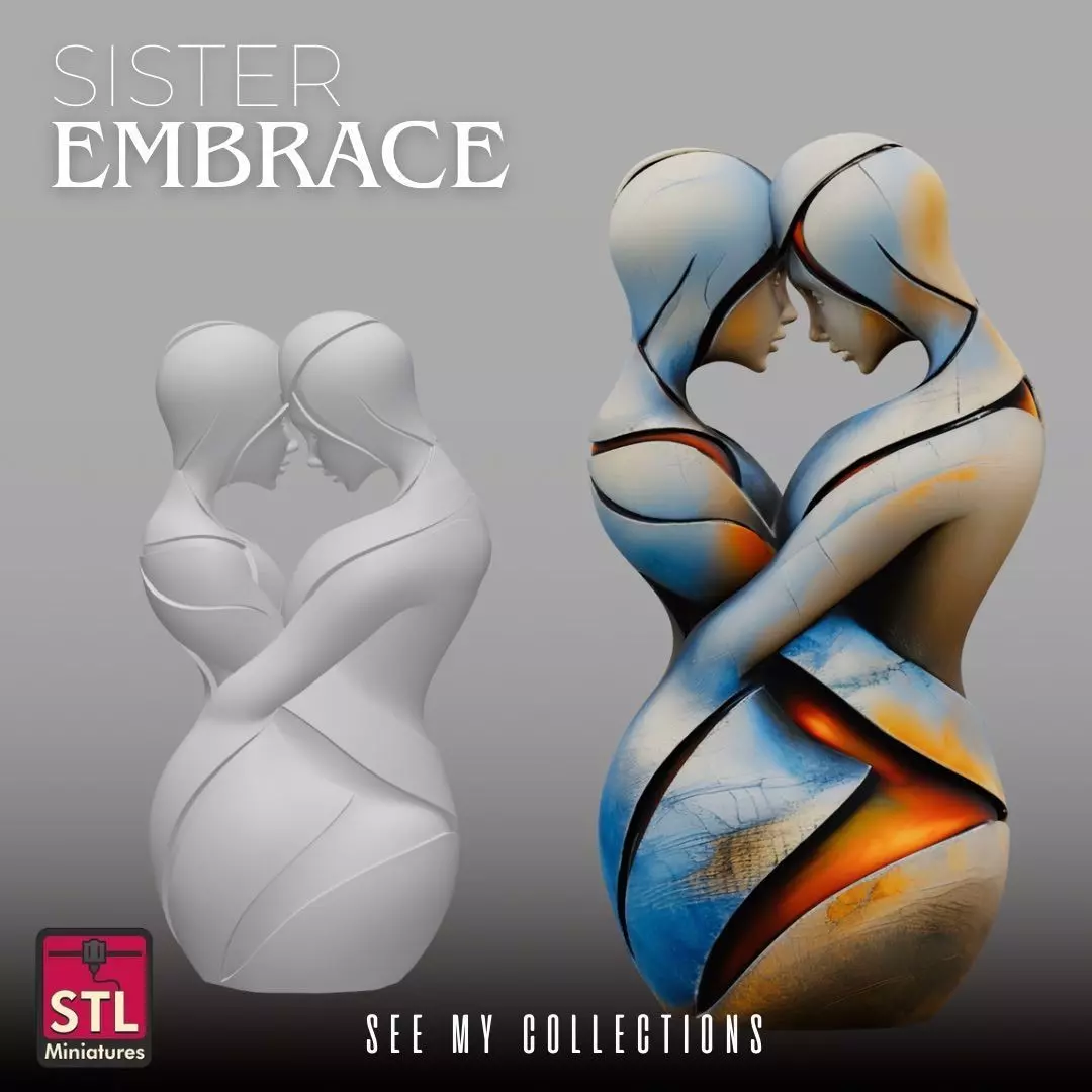 Sisters Embrace STL Modern Stylized Sculpture 3D print model_0