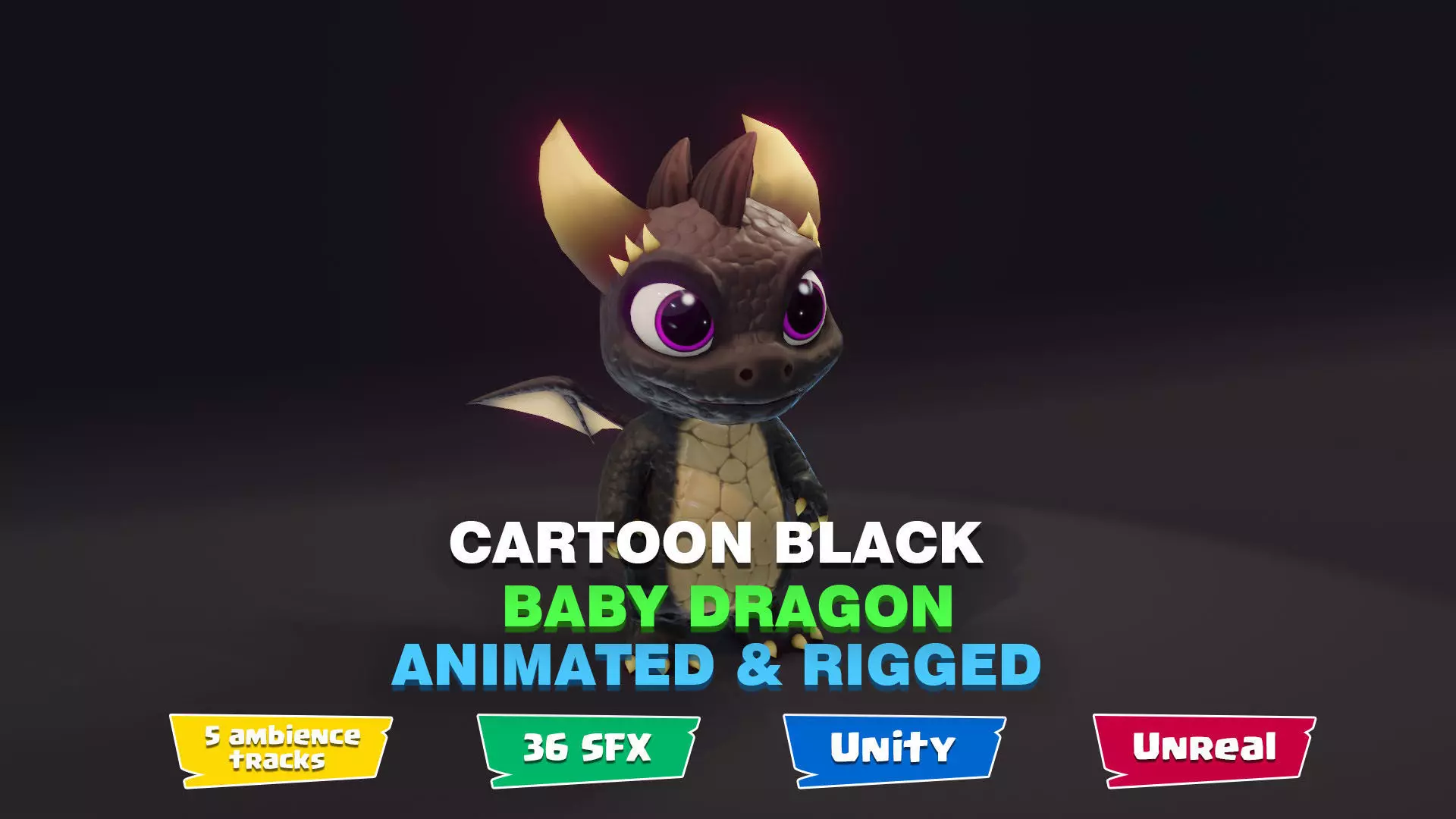 Black Baby Dragon 3D Character with Audio Unity Unreal Ready Low-poly 3D model