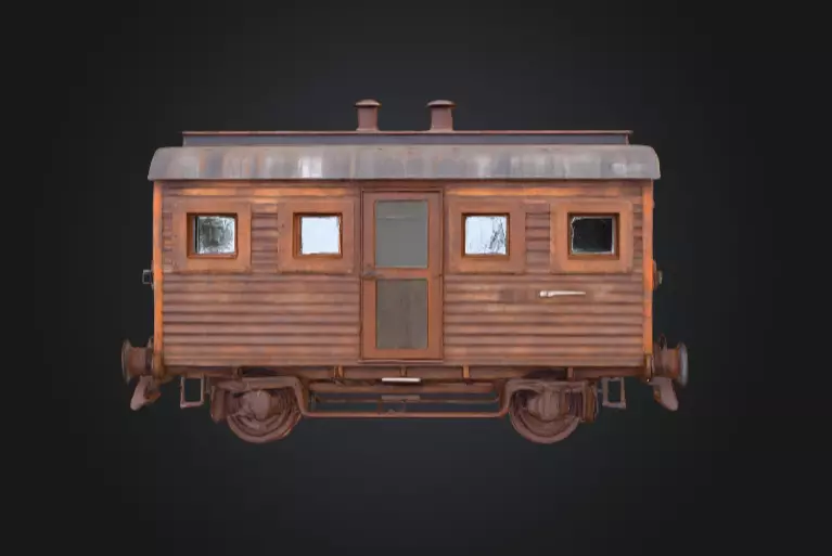 Abandoned Wooden Train Carriage Low-poly 3D model_0