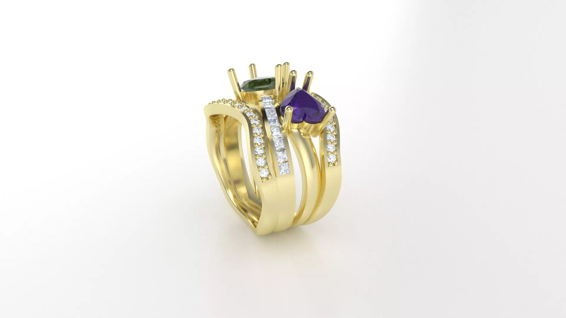 Double heart ring with channel set and grain set diamonds 3D print model_2