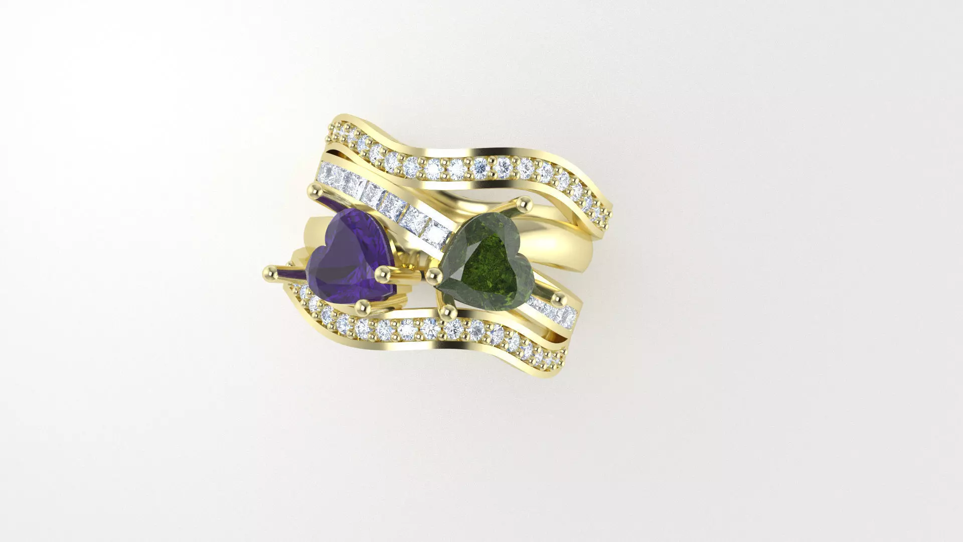 Double heart ring with channel set and grain set diamonds 3D print model_0