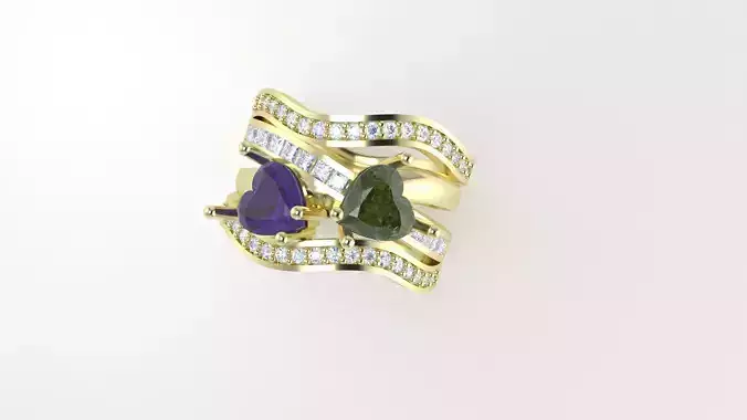 Double heart ring with channel set and grain set diamonds