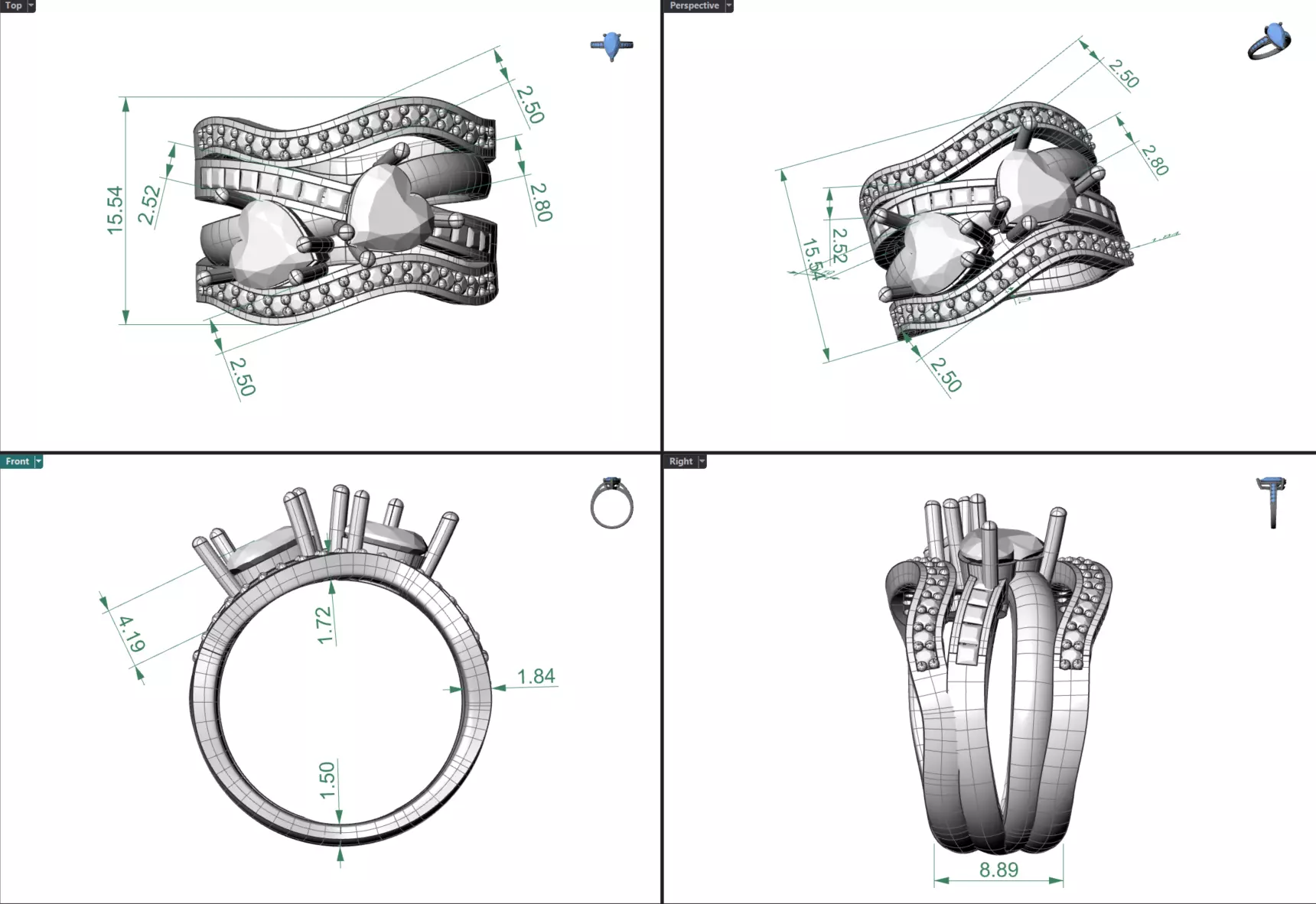 Double heart ring with channel set and grain set diamonds 3D print model_3