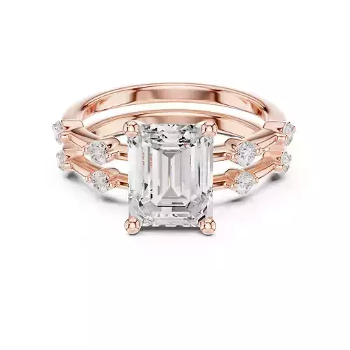 9x7mm Emerald Cut Round Matching Band Ring Set 3DM STL Video