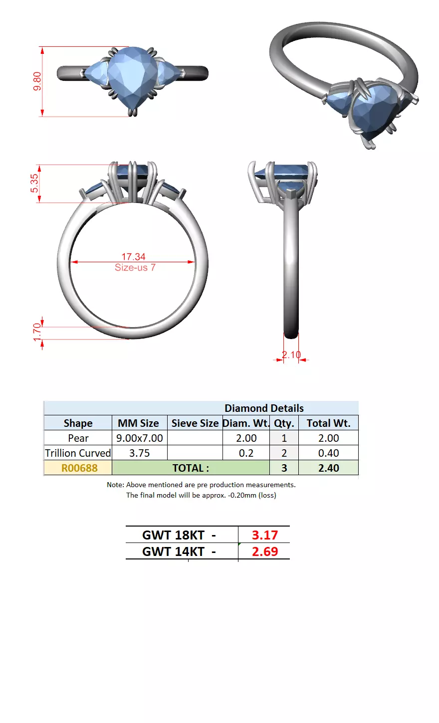 Pear and Trillion Cut Three Stone Wedding Ring 3DM STL Video 3D print model_15