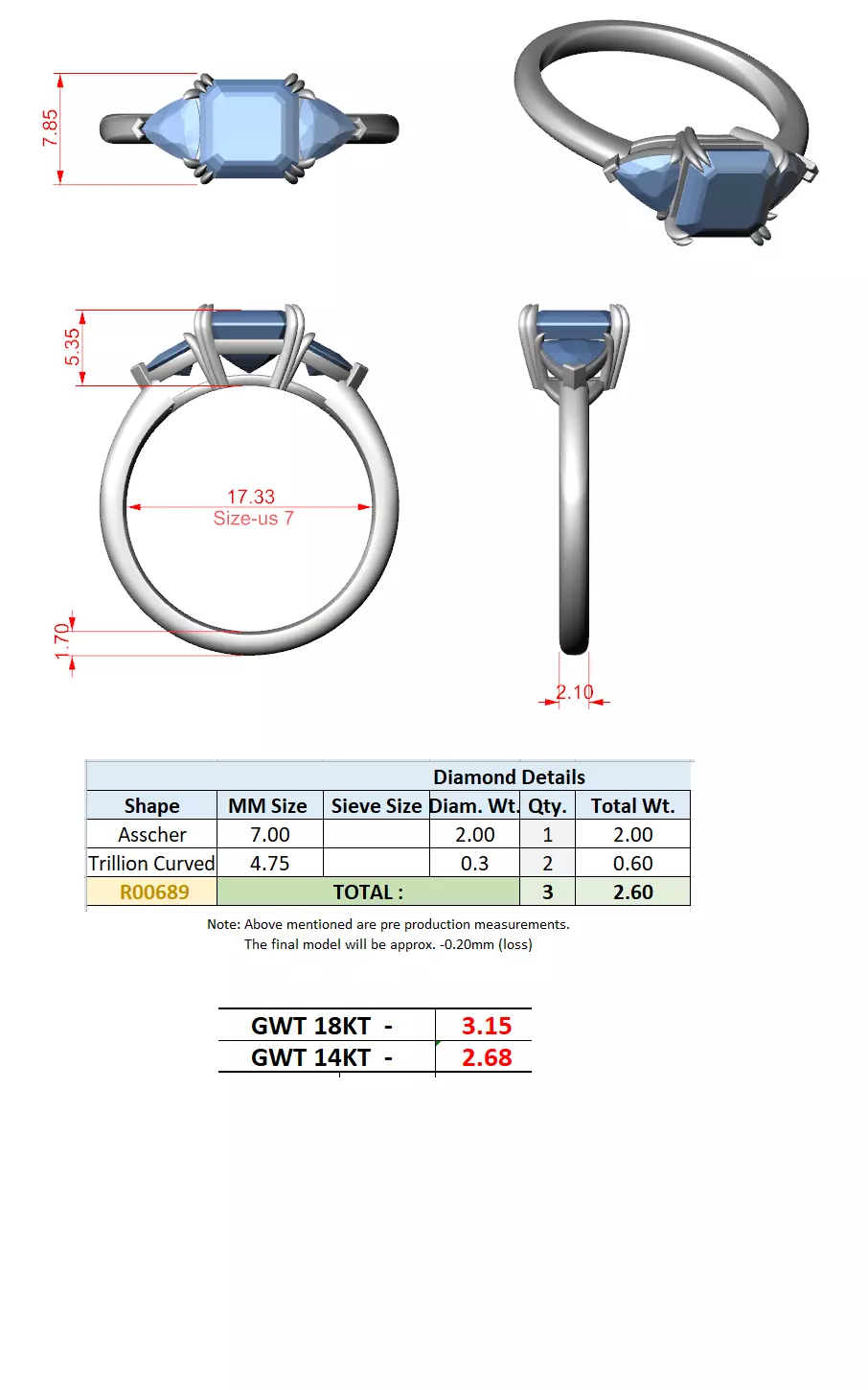Three Diamond Asscher Trillion Cut Wedding Ring 3DM STL Video 3D print model_16