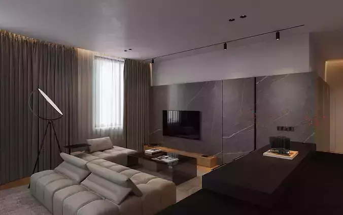 Living room and dining room interior scene 3D model