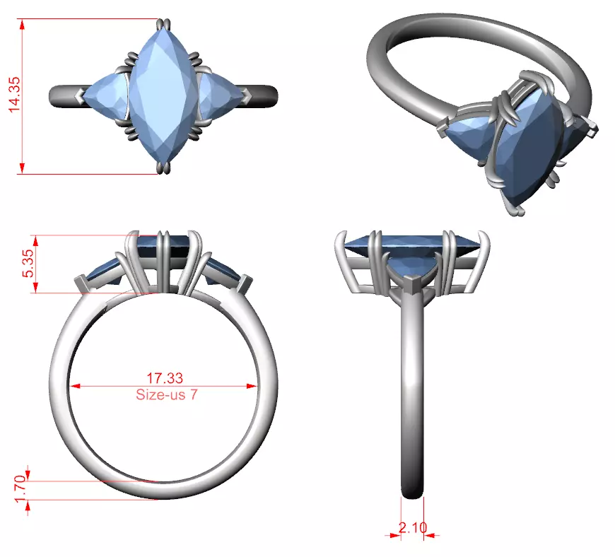 Three Diamond Marquise and Trillion Cut Ring 3DM STL Video 3D print model_15