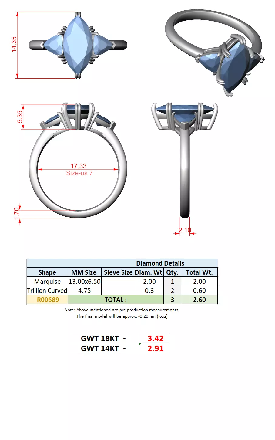 Three Diamond Marquise and Trillion Cut Ring 3DM STL Video 3D print model_16