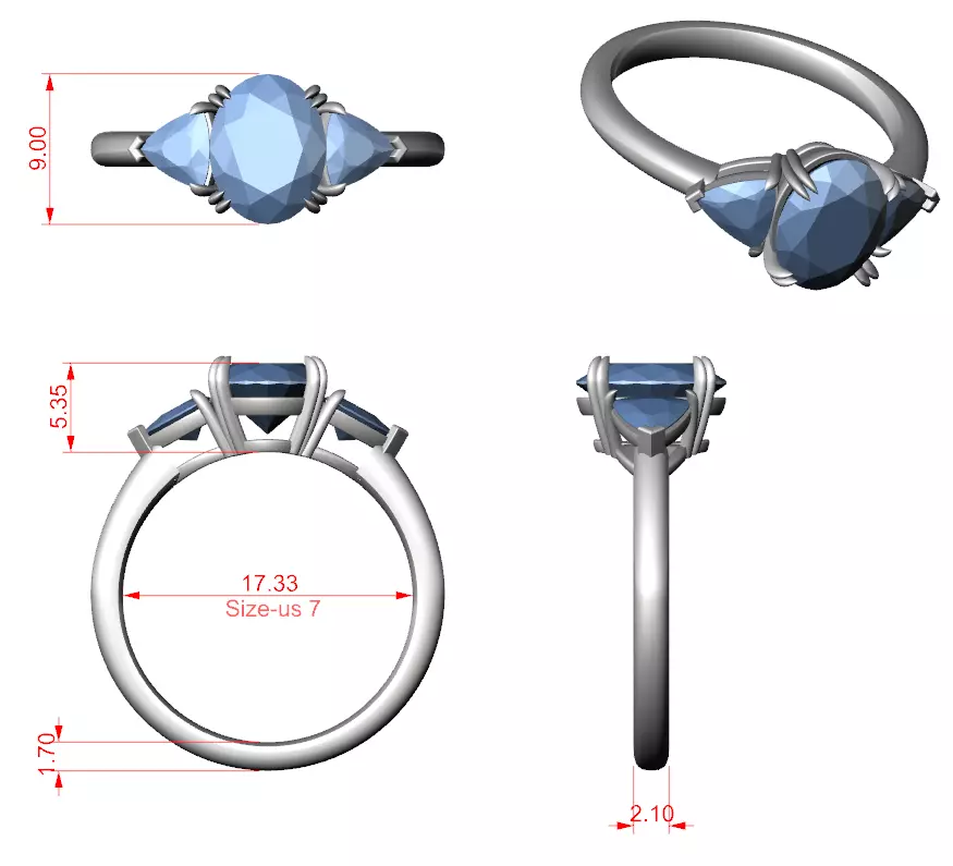 Three Diamond Oval and Trillion Cut Wedding Ring 3DM STL Video 3D print model_16
