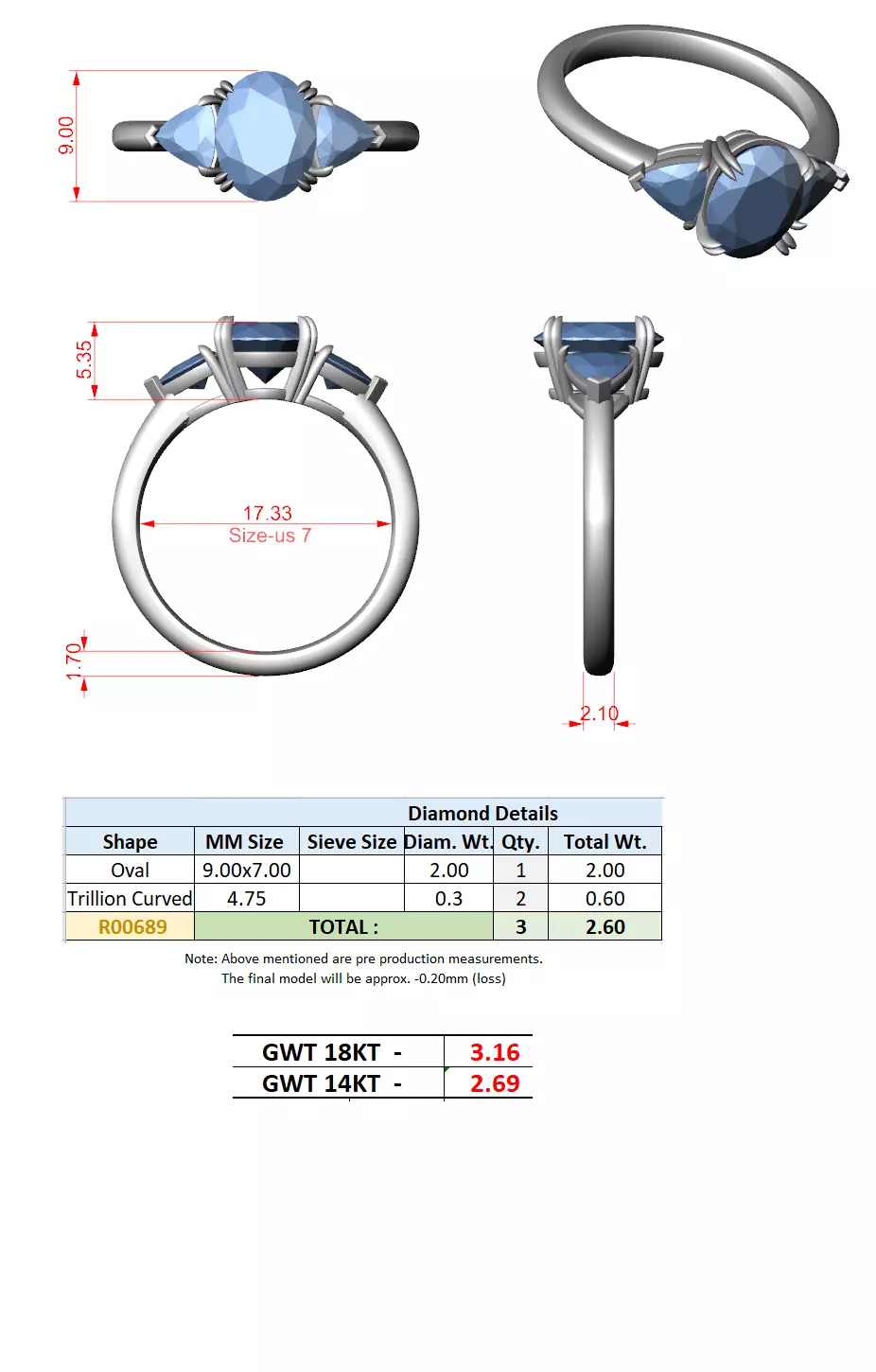 Three Diamond Oval and Trillion Cut Wedding Ring 3DM STL Video 3D print model_15