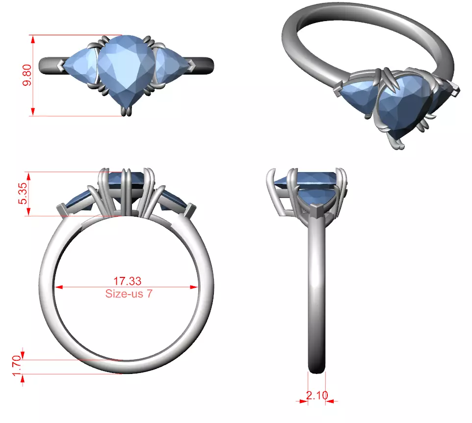 Three Diamond Pear and Trillion Cut Wedding Ring 3DM STL Video 3D print model_15