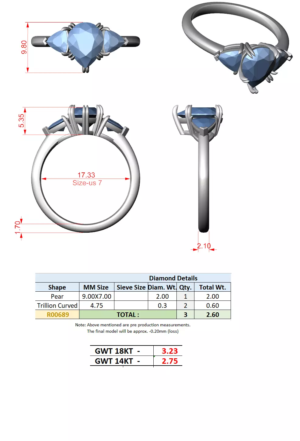 Three Diamond Pear and Trillion Cut Wedding Ring 3DM STL Video 3D print model_16