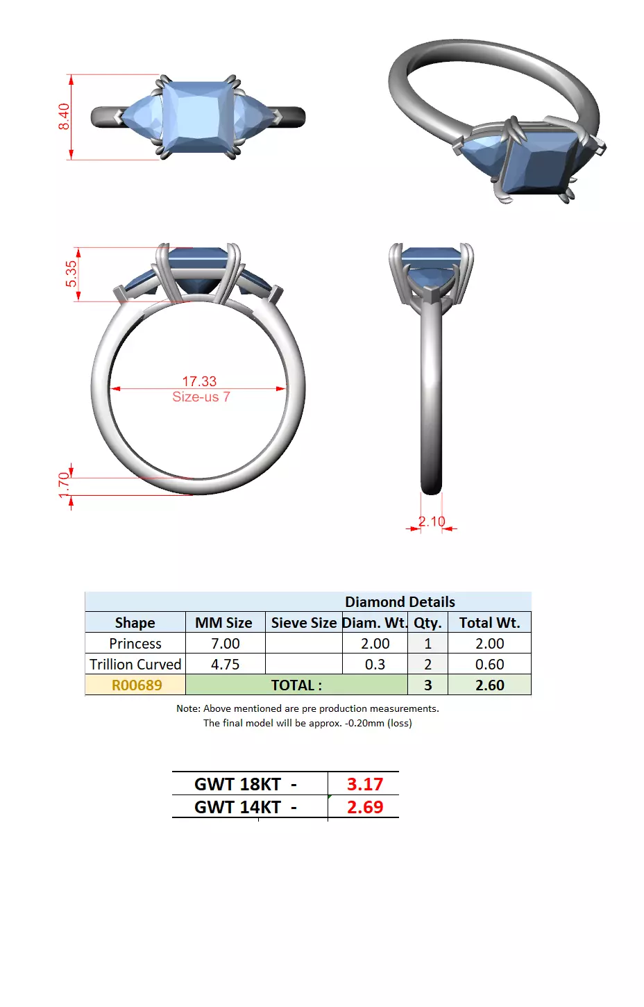 Three Diamond Princess and Trillion Cut Ring 3DM STL Video 3D print model_16