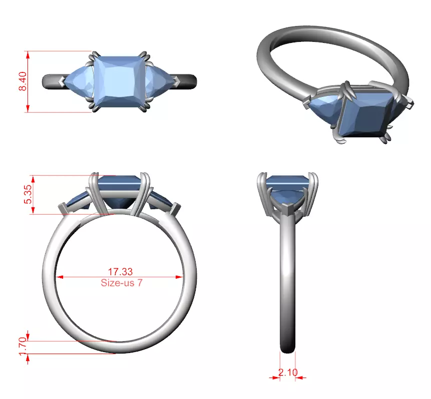 Three Diamond Princess and Trillion Cut Ring 3DM STL Video 3D print model_15