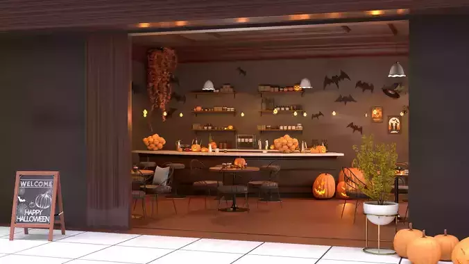 Halloween Cafe Interior Complete Scene with Furniture and Props