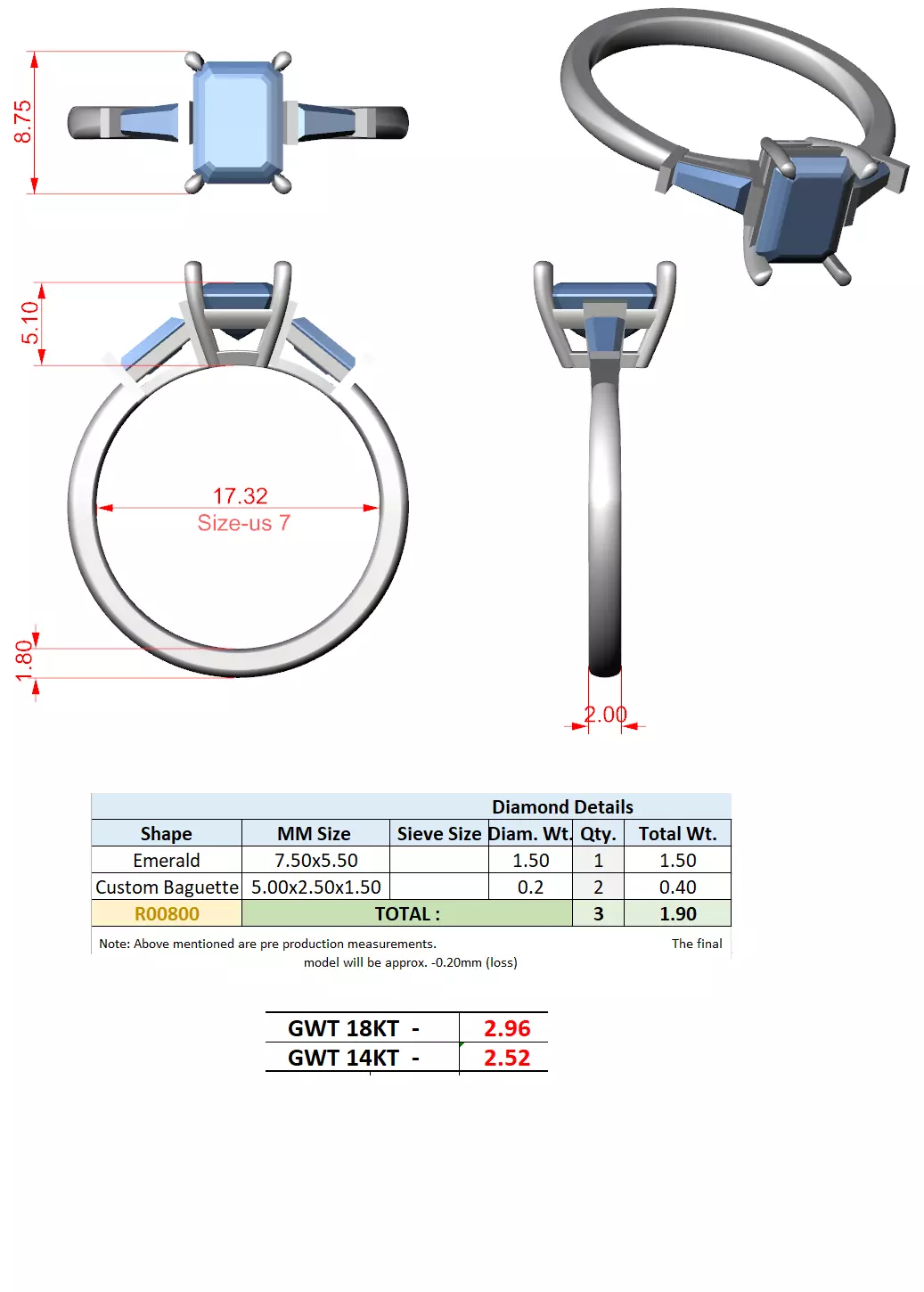 Three Stone Emerald and Taper Baguette Cut Ring 3DM STL Video 3D print model_15