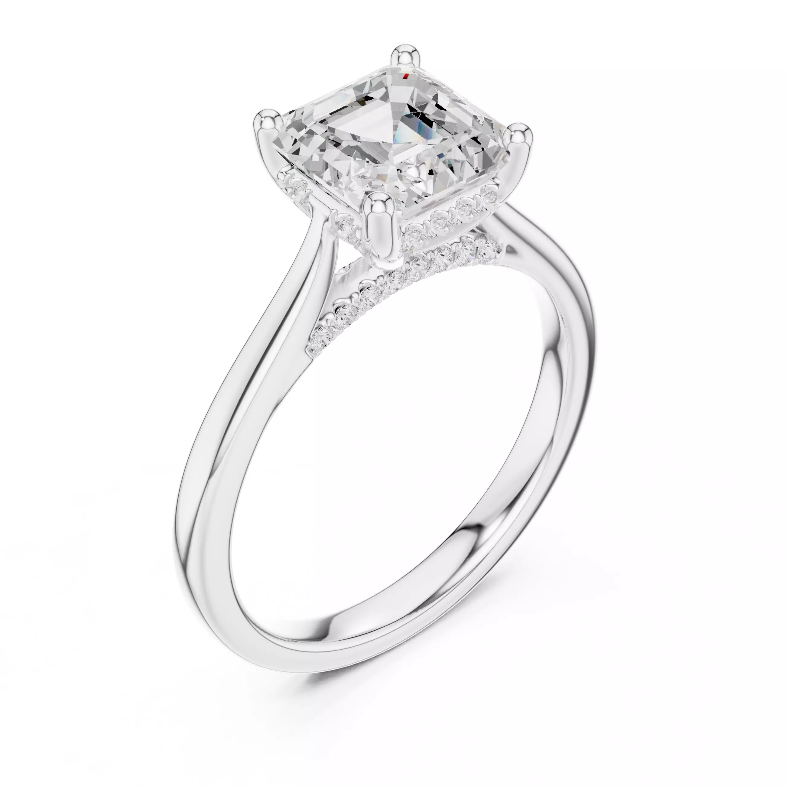 2CT Asscher Cut Hidden Halo Diamond On Bridge Ring 3DM STL Video 3D print model_10