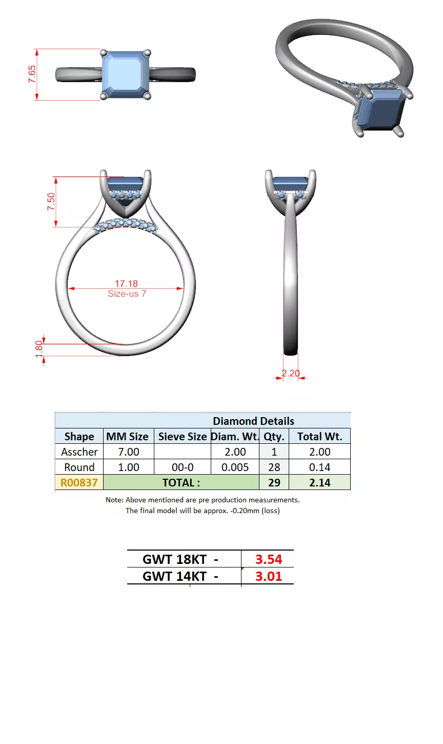 2CT Asscher Cut Hidden Halo Diamond On Bridge Ring 3DM STL Video 3D print model_15