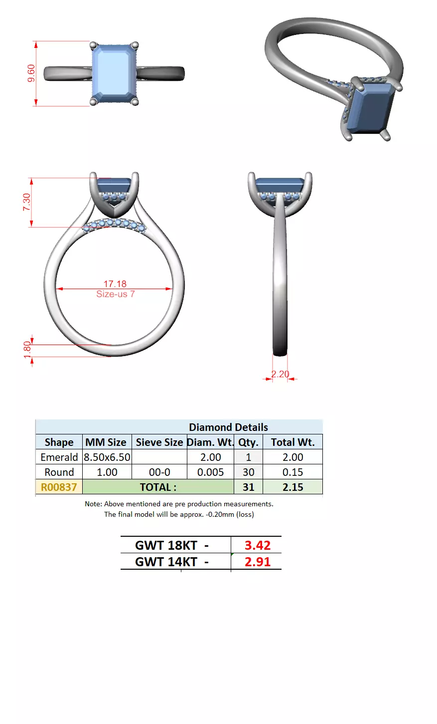 2CT Emerald Cut Hidden Halo Diamond On Bridge Ring 3DM STL Video 3D print model_15