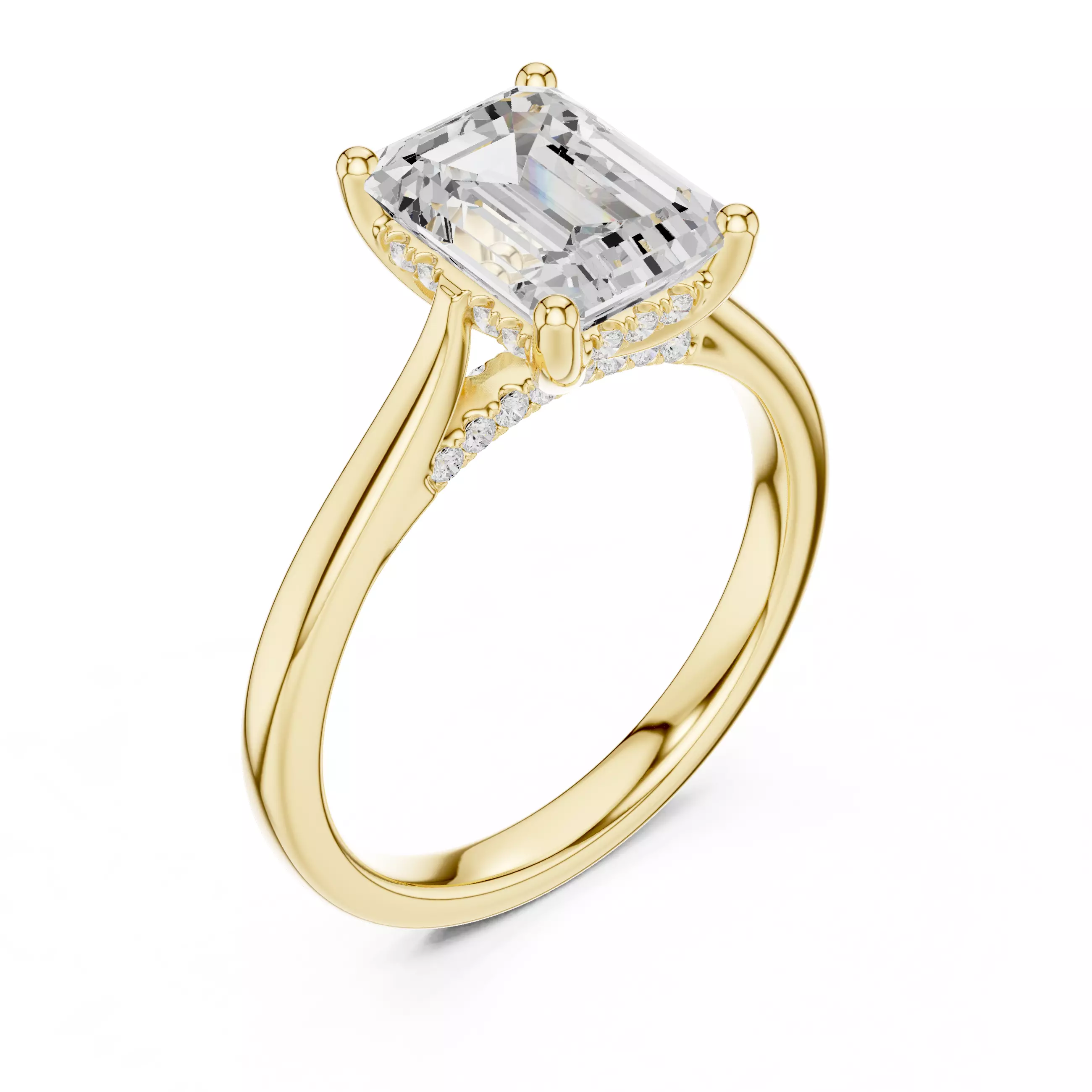 2CT Emerald Cut Hidden Halo Diamond On Bridge Ring 3DM STL Video 3D print model_7