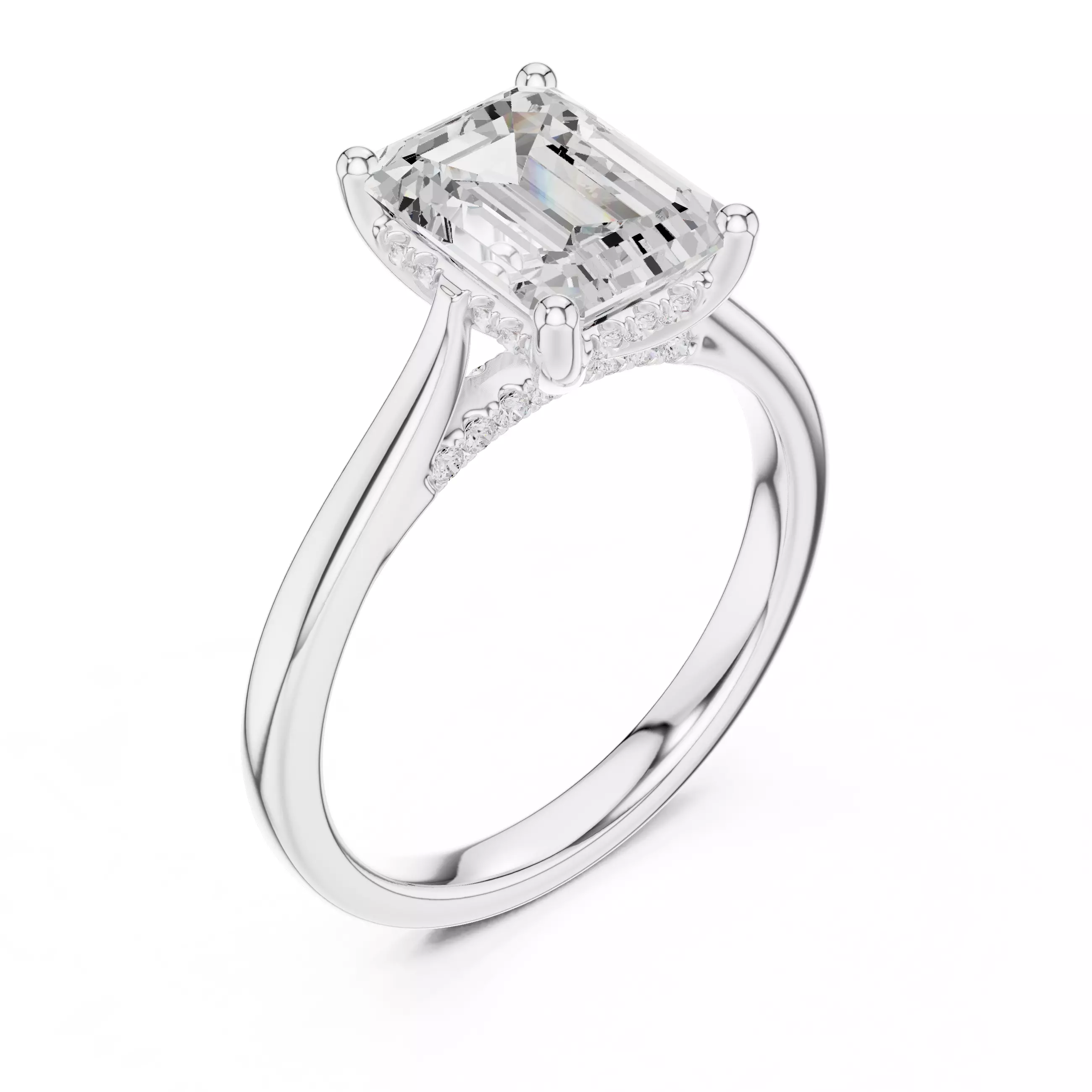 2CT Emerald Cut Hidden Halo Diamond On Bridge Ring 3DM STL Video 3D print model_10