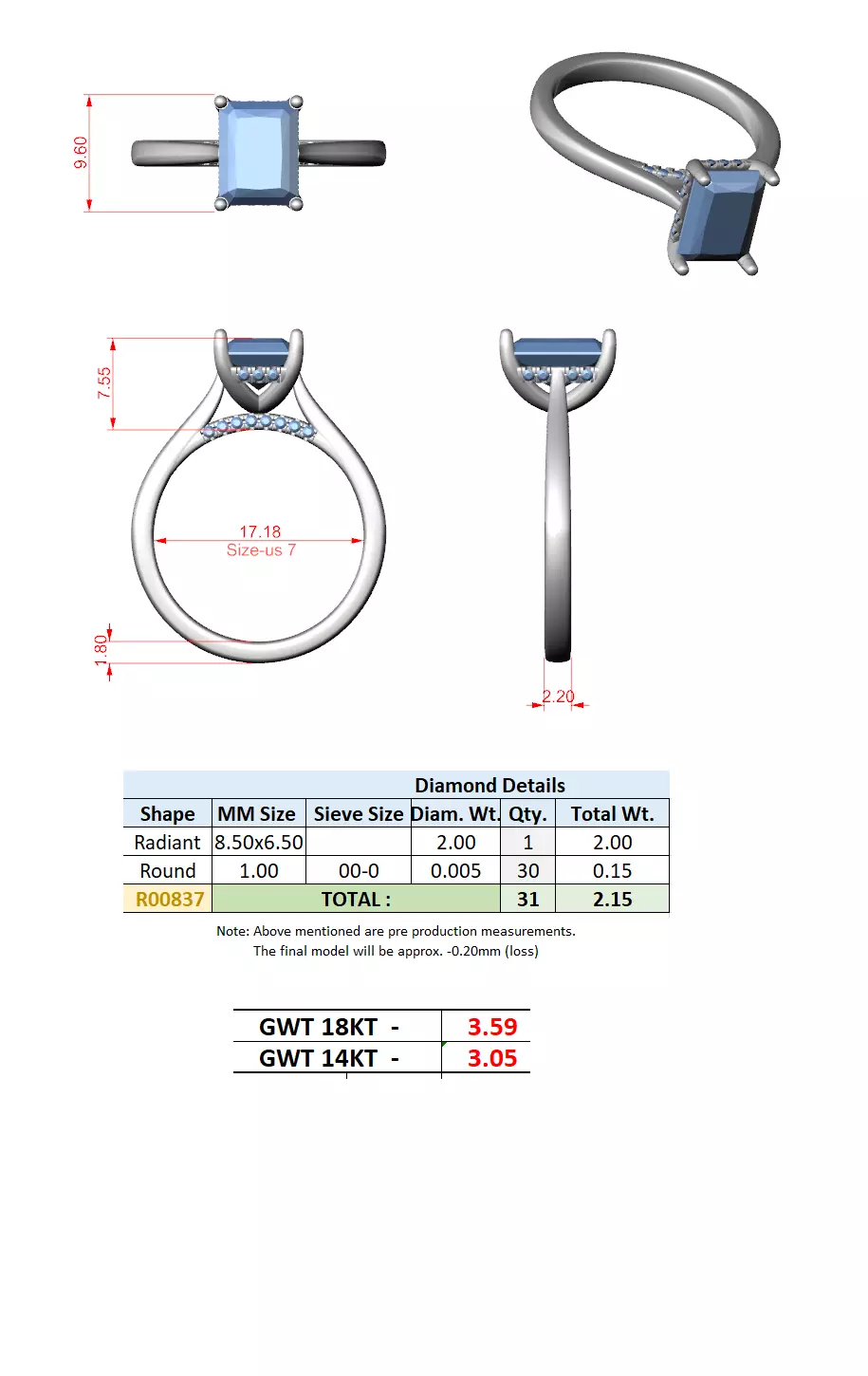 2CT Radiant Hidden Halo Diamond On Bridge Ring 3DM STL Video 3D print model_15